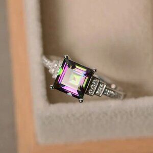 "Vintage Square Colorful Gem Princess Retro Thin Silver Ring for Women, VIP070